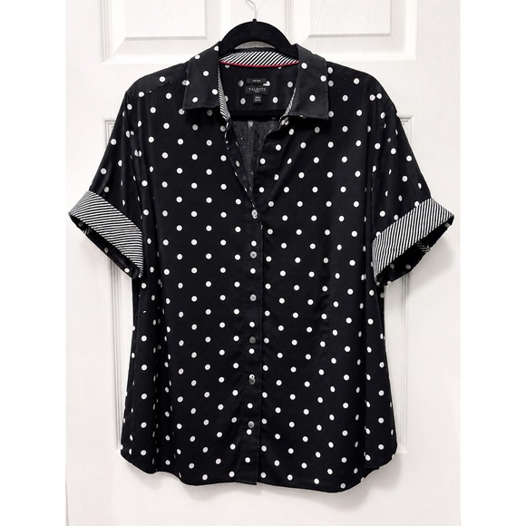 Talbots Tops - Talbots Womens 20W Black White Polka Dot Button Down Shirt Striped Cuff Non Iron